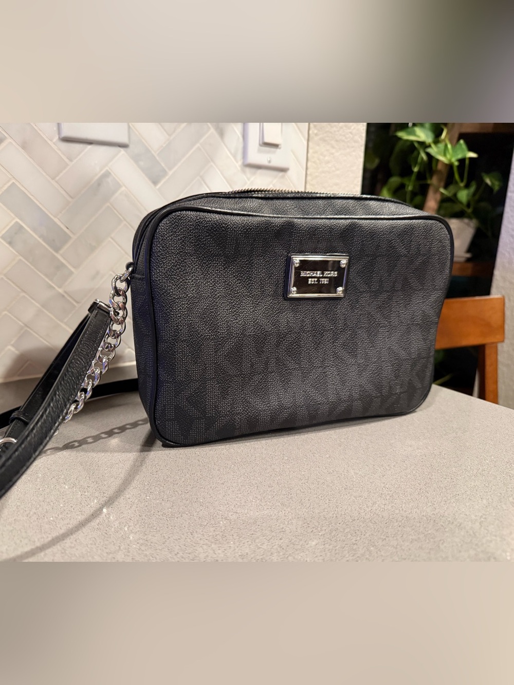Michael Kors Black Signature Monogram Crossbody with Chain Strap